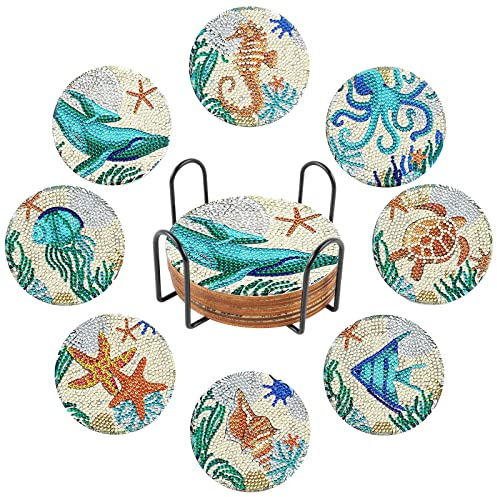 Taekooki 8 Stück Diamond Painting Untersetzer, mit Halter, 5D DIY Diamant Kunst und Handwerk Painting Untersetzer, DIY-Meer-Untersetzer, für Gläser Tassen Getränke Erwachsene Kinder Untersetzer