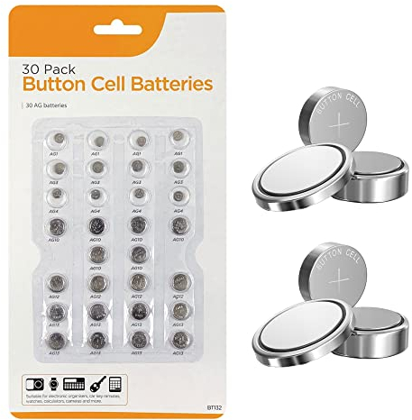 30 Pack Button Cell Batteries – AG1, AG3, AG4, AG10, AG12, AG13 – CE & RoHS Certified – Long-Lasting & Reliable Power for Watches, Toys, Remotes, Thermometers & More – Not Rechargeable