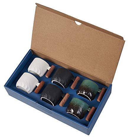 BlogBlog Ceramic Espresso Coffee Mugs, 89 ml, Porcelain, Wooden Handle, Pack of 6 (Black, Green and White)