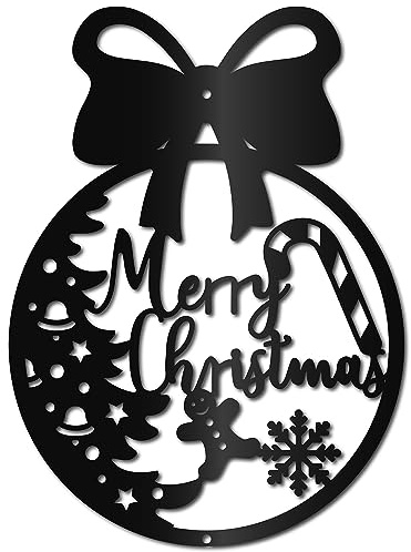 CREATCABIN Feliz Navidad Metal Arte de la Pared Decoración Hierro Arte de la Pared Negro Árbol de Navidad Escultura Hueca Colgante de Una Sola Línea Letrero de Pared Decoración Interior 30 x 22 cm