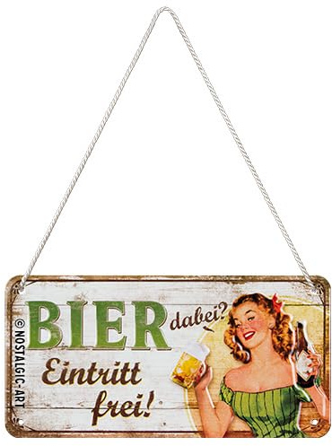 Nostalgic-Art Retro Hängeschild, 10 x 20 cm, Bier dabei – Eintritt frei – Geschenk-Idee als Bar-Zubehör, aus Metall, Vintage Design mit Spruch, Blechschilder Sprüche, Bier-Deko | aus Metall, Vintage Design, Blechschilder Sprüche, Bier-Deko, Geschenk-Idee für den Biergarten