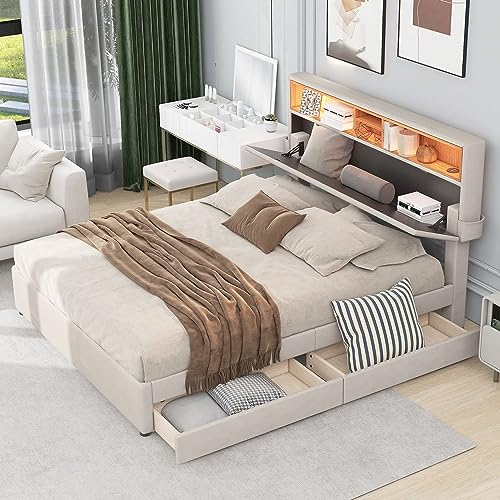 LATICO Polsterbett Doppelbett 140x200 cm mit USB-Anschluss und LED-Kopfteil, Stauraumbett mit Stauraum Kopfteil und 2 Schubladen, Bett mit Lattenrost aus Holz, Linen, Beige, Ohne Matratze