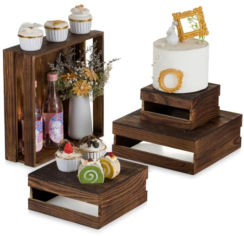 NUPTIO Tortenretter Cupcake Stützen Holz: Satz von 4 Tortenständer Tortenstützen Display Kuchenständer Obstkorb Braun Cake Stand Platz Verkaufsständer Podest Pedestal für Babyparty 16/21/26/31cm