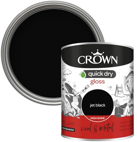 Crown WOOD & METAL Jet Black Gloss Paint - Radiators & Railings 750ml | Black gloss paint for skirting boards, radiators, doors, window frames & railings. Quick-dry, non-yellowing, low VOC