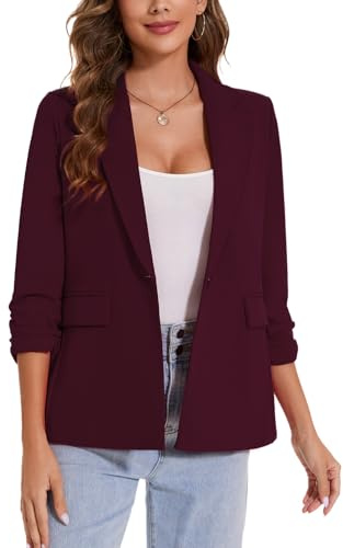 LADI TREND Chaquetas de manga 3/4 con arrugas para mujer, blazer casual con un botón, traje con solapa de muesca, chaqueta de parte superior con bolsillos con solapa en la parte trasera, L