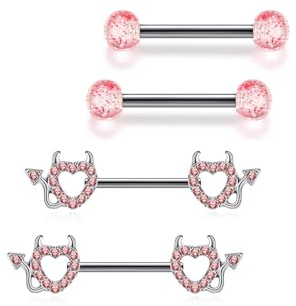 Jovivi 2 Paar 14G Brustwarzenpiercing Chirurgenstahl Nippelpiercing für Damen Brustwarzenpiercing Bar Set Herz Teufel Barbell Piercing Körperschmuck 14mm Stablänge Piercing Schmuck (Rosa)