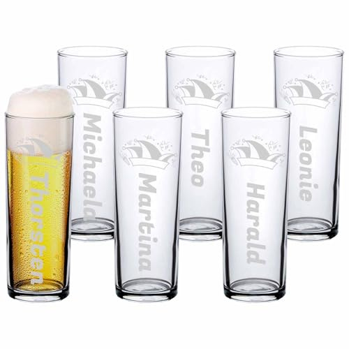 LUXENTU Kölschglas mit Gravur, Prinzenmütze, 0,2 l, 6 Stück | Personalisierte Kölner Stange mit Eichung, Geschenk zum Karneval, Geburtstag oder Jubiläum für Bier-Fans, Spülmaschinenfest