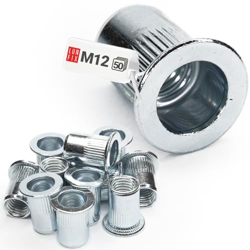 LUN FIX Nietmuttern M12 50 Stk Flachkopf Stahl Blindnietmutter | Einnietmuttern Gewindenieten Aus Verzinktem, Hülsenmutter Gewindeeinsatz Für Metallplatten, Rohre Und Dünne Materialien