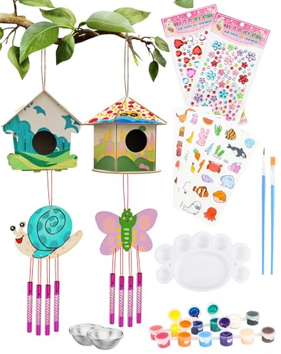 TUT Vogelhaus Bausatz Kinder, 2 Stück Vogelhaus zum Bemalen, Vogelfutter zum Selber Bauen, Kunst Handwerk für Mädchen Jungen