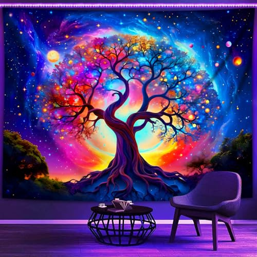 WIERAEM Schwarzlicht Wandteppich Wald Uv Psychedelic Wandtuch Natur Baum Des Lebens Sterne Galaxy Trippy WandtüCher SchöNe Bunt Fluoreszierende Tapestry Deko Mittelgroß 200x150cm