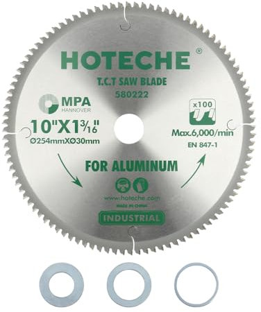 Hoteche TCT Kreissägeblatt 254x30x100T für präzise Schnitte in Aluminium und Kunststoff mit SK5 Basis 1.8mm Dicke 100 Zähne OKE402 Schneidkopf max 6000 U/min inklusive 3 Unterlegscheiben