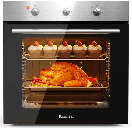 Karinear Electric Oven 60L Built in Knob Control 6 Functions 2200W Plug and Play 60cm Wide Oven with 120 Timer Sliver