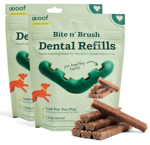 WOOF - Bite n' Brush Refills Treats for the Dog Toothbrush Toy - Scrub Plaque and Tartar from Your Dog's Teeth and Mouth - Dog Dental Sticks - 36 Refills - Chicken - 2 Pack