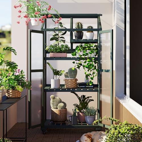 Knocbel 62 Height Portable Wooden Cold Frame Greenhouse with Wheels, Openable Roof and Adjustable Shelves, Flower Plants Shelf for Balcony Outdoor Indoor Backyard (Forest Green)