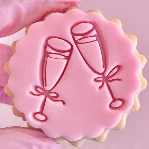 Champagne Flutes Glasses Bows Fondant Stamp Embosser Biscuits Cookies Cupcakes fits m&s Wedding Engagement Congratulations Birthday Reusable Marks and Spencers Free Matching Cutter Champ Flutes