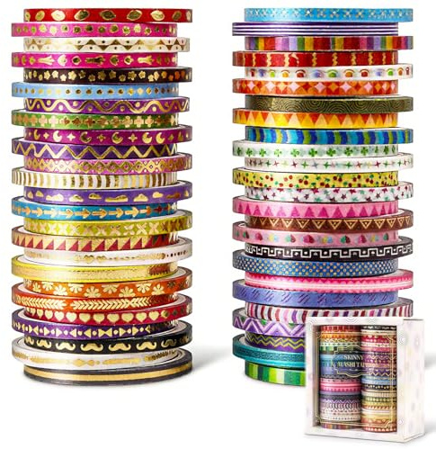 emmoolife 50 Rolls Skinny Washi Tape Set 3mm Wide, Gold Foil Print Masking Thin Basic Patterns Decorative Tapes for Scrapbooking, Junk Journal Supplies, Bullet Journaling, Craft Tape for Women Girl