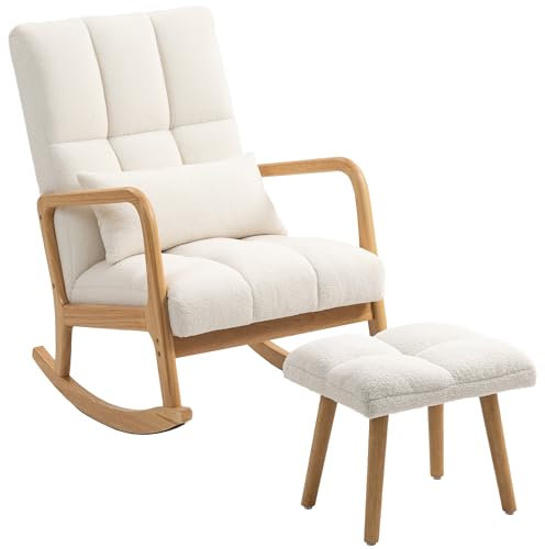 HOMCOM Schaukelstuhl mit Hocker Schaukelsessel mit Fleece-Bezug, Breit Sitz, Armlehnen, hohe Rückenlehne, Holzkufen, Gepolstert Schwingsessel Relaxsessel für Wohnzimmer, Schlafzimmer Weiß