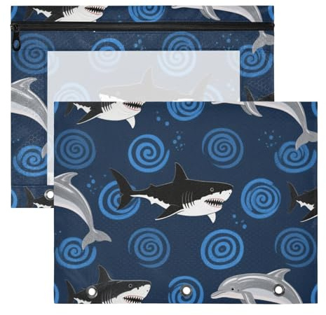 Estuche transparente con ventana para carpetas de 3 anillas, paquete de 2 carpetas para estudiantes, círculos azules, tiburones para documentos