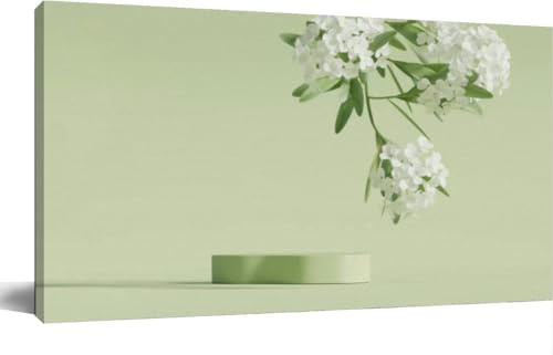 Large Wall Art Decor for Living Room Bedroom Bathroom Canvas Wall Art Framed 3D display podium pastel green White flower leaf Nature Blossom minima Prints Artwork Painting Pictures Kitchen 24x48