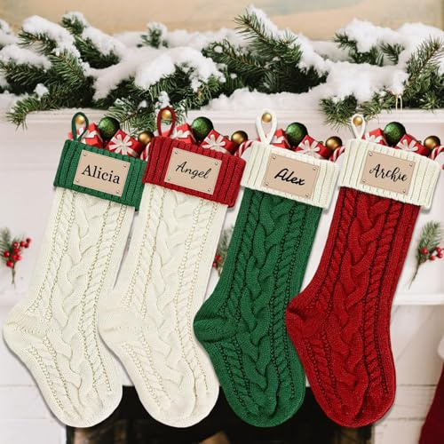 Individuelle große Weihnachtsstrümpfe, gestrickt mit Namen, Lederflicken, Lasergravur, Namen, Weihnachtsstrümpfe für Weihnachten, Familienfeier, Kamin-Dekoration, 40,6 cm