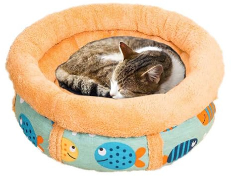 Lit rond en forme de beignet pour chat et petit chien, lit orthopédique apaisant pour chats d'intérieur (beige, 50 cm)