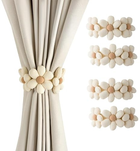HwlAlrs 4 Stück Vorhang Raffhalter Beige,Boho Raffhalter für Vorhänge,Verstellbare Blumen Gardinenhalter Raffhalte Rohne Bohren für Wohnzimmer Schlafzimmer Balkon Boho Deko