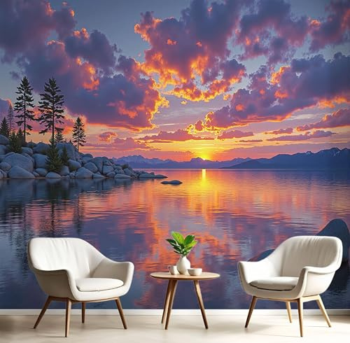Carta Da Parati Effetto 3D Naturalmente Il Tramonto 400×280cm, Fotomurali Non Tessuto XXL, Decorazione Poster Arte Murale Montagne Riflessi per Casa Ufficio Camera Letto Soggiorno