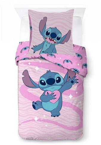 Parure de Lit Stitch pour Enfant, Housse de Couette Disney Réversible 140x200 cm, Taie d'oreiller 65x65 cm, 100% Coton (Parure de lit Stitch Disney - B)