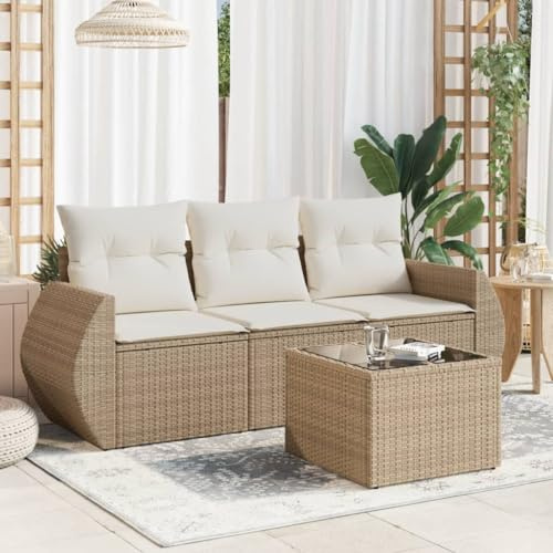 Frdhee Muebles de terraza, salón, sofá, 4 piezas, conjunto de sofá de jardín con cojín de ratán de poli beige, grupo de asientos para jardín, terraza y balcón, se puede instalar rápidamente