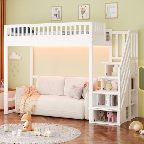 ZYLOYAL10 Hochbett 90x200 mit Sicherheits-Aufbewahrungsleiter, Bettgestell aus massivem Kiefernholz für Kinder und Jugendliche (Weiß - A)
