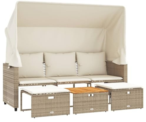 Foknhdi Beige 3-Sitzer Outdoor Sofa mit Dach 176 cm Poly Rattan Lounge Set mit 2 Hockern und Akazienholz-Tisch Sonneninsel Balkon Garten Terrasse