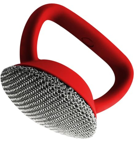 DECHOUS 316 Stainless Steel Wire Pan Brush with Long Handle, Cast Stainless Scrubber Mesh Pot Cleaner for Kitchen Dish Washing and Skillet Cleaning, Red Sturdy Metal Mesh Scraper