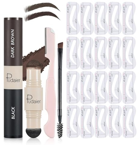 Hinourisha kit pochoir sourcils femme, Pommade Bicolore-Noir et brun foncé pommade sourcil, 20 Tampon Sourcils Gabarits Réutilisables, Pinceau, Rasoir à Sourcils outils de maquillage