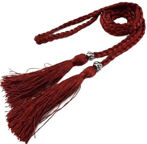 ITRHJTGP Corda in vita Cintura da donna con nappa intrecciata lunga sottile Abito in corda cintura decorata Accessori a catena per abiti(Wine red)