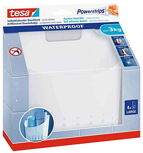 tesa Powerstrips Duschkorb Waterproof Wave groß, weiß - selbstklebender Kunststoff-Organizer für Dusche und Wanne - zur Aufbewahrung von Bad-Accessoires - belastbar bis zu 3 kg