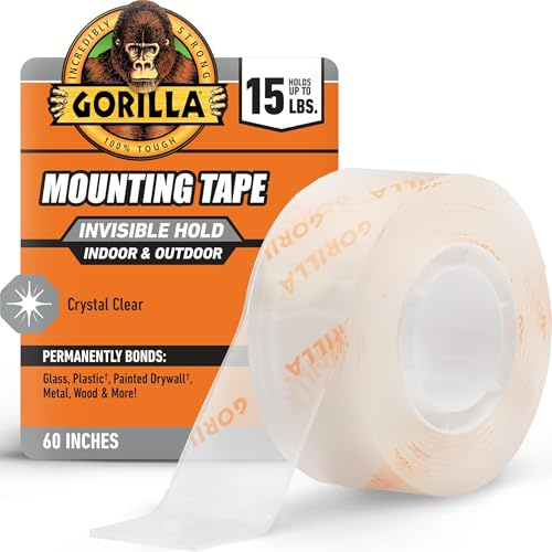 Gorilla Tough & Clear, Double Sided Mounting Tape, Weatherproof, 1 x 60, Clear, (Pack of 1)