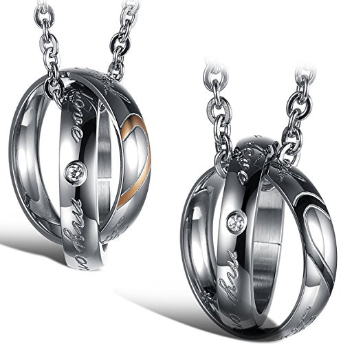 Flongo Partner Anhänger Halskette Freundschaftsketten BFF Kette für 2 Pärchen Anhänger Halskette mit Gravur Ringen Anhänger für Herren,Damen