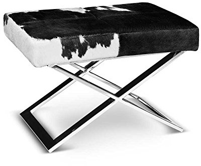 Sgabello in pelle di mucca con gambe a forma di X, in vera pelle di mucca, colore bianco e nero.
