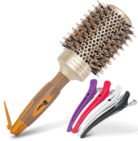 Fagaci Professional Large Round Brush with Natural Boar Bristles for Blow Drying, Nano Technology Ceramic+Ionic for Hair Styling, Volumizing and Healthy Hair - 4 Styling Clips Included