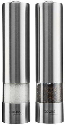 Cooks Professional Electric Salt and Pepper Mill Set | Battery Operated Automatic Grinders with Adjustable Course & Fine Grinding & One Touch Operation | Condiment Seasoning Grinder | Stainless Steel