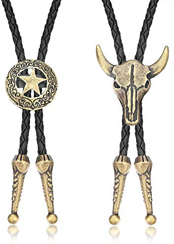 Finrezio 2 Pezzi Bolo Cravatta in Pelle Intrecciata Collana Ciondolo Vintage Testa di Toro Cowboy Occidentale Regali per Uomo Colore Rame