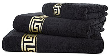 Luxus Medusa Badetuch 100x150 cm - feinste Ringgarn Baumwolle / Jacquard Webung / Hochflor Frottee mit Medusa Flachprägung und goldener Medusa Bordüre (schwarz / black / noir, Badetuch 100x150 cm)