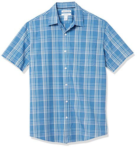 Amazon Essentials Men's Regular-Fit Short-Sleeve Poplin Shirt, Aqua Blue Checked, L