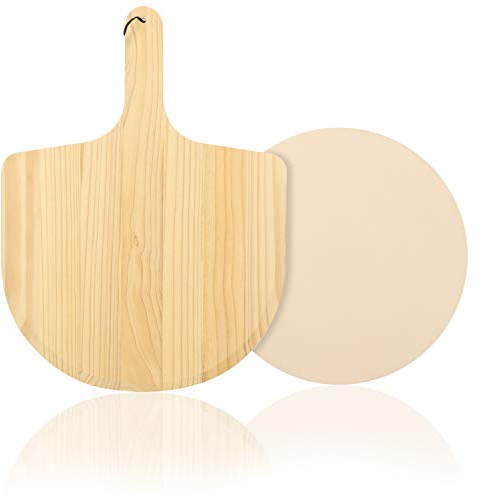 COM-FOUR® 33cm Pizzasteinplatte mit Pizzaschieber, Pizza backen im Ofen oder Grill, Steinofen-Feeling, feuerfester Schamottstein mit Holz-Pizzaschieber (Mit Pizzaschieber)