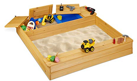 Relaxdays 10033854 Sandkasten mit Matschfach, Sandkiste Holz, Kunststoff, mit Sitzbank, 125 x 120 cm, Buddelkasten Kinder, natur