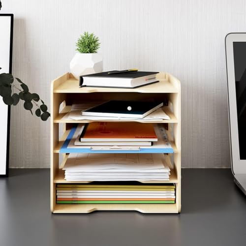 PUNCIA Organisateur de Bureau à 5 Niveaux en Bois Stocakge de Fichier A4 Documents Vertical Compartiment de Rangement Bac à Courrier Plateaux de Classement de Fichier pour Bureau Maison et École