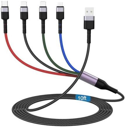 3M/10Ft Multi 4 in 1 USB Universal iPhone Charging Cable,Lightning2+Type C+Micro USB Long Nylon Braided Phone Charger Cord Connector Adapter for Cell Phone/Android/Apple/iOS/Samsung/LG/Huawei/XiaoMi