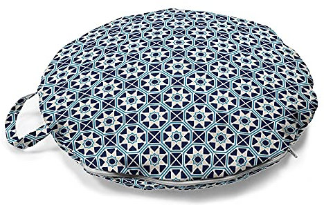 ABAKUHAUS Sterne Rundes Bodenkissen mit Griff, Marokkanische Folklore Motive, dekoratives Kissen für Wohnzimmer & Schlafsäle, 45 cm, Dunkelblau Beige und Aqua
