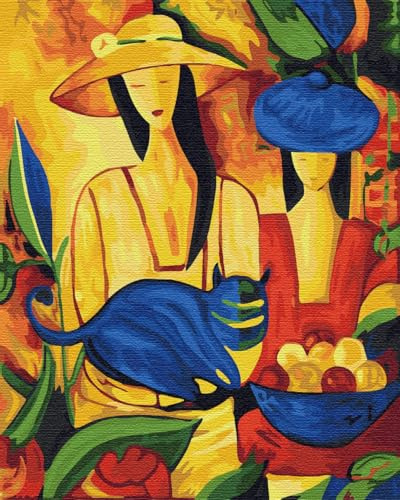 Artnapi Malen nach Zahlen Erwachsene mit Rahmen | DIY Handgemalt | Frau und Katze | Kit für Anfänger und Erwachsene | Set inklusive Acrylfarben & Pinsel | 40x50cm Leinwand | Ideal als Geschenk