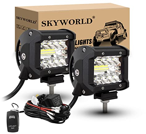 SKYWORLD Phare de Travail Led Tracteur 2PCS 60W 10cm Projecteur LED Voiture 12V Barre Lumière de Travail LED Feux de Travail LED avec 12V Rocker Câblage pour 4X4 Voiture Camion SUV Bateau
